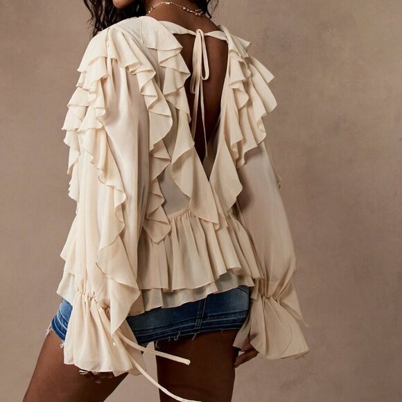 Apricot Boho Women's Ruffled Long Sleeve Tie Front Chiffon Blouse - Picture 3 of 7